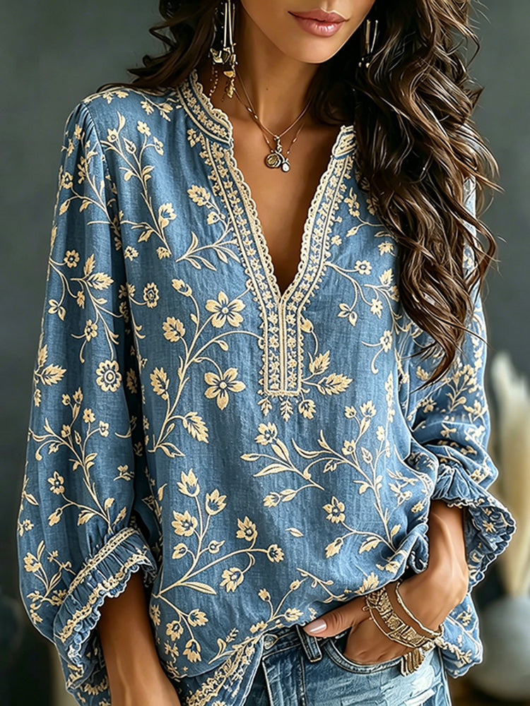 Women's Vintage Floral Design Linen Tunic Top