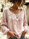 Women's Retro Breast Cancer Floral Print Long-Sleeved Top
