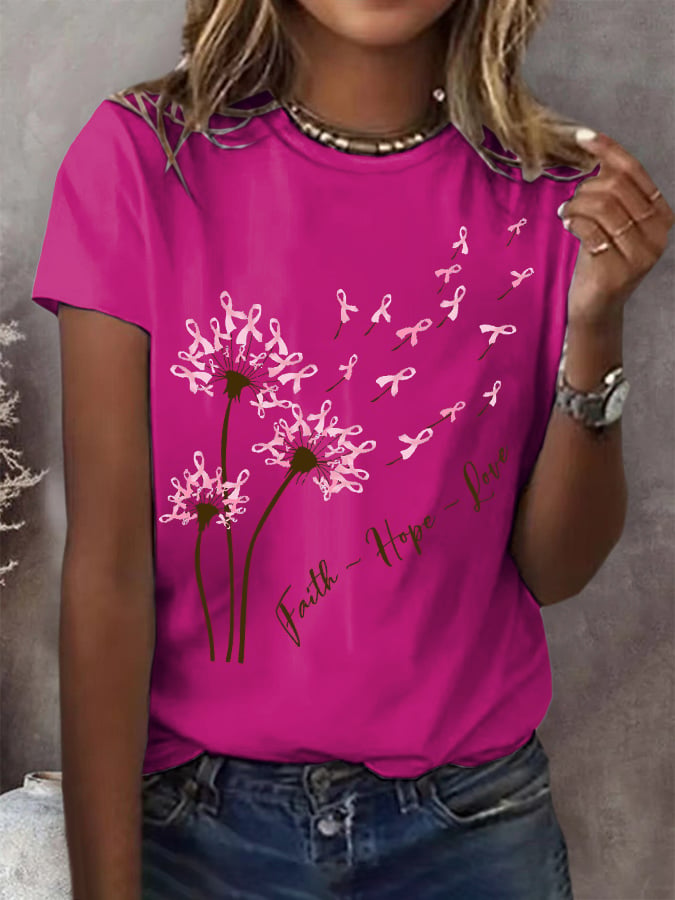 Women's Faith Hope Love Breast Cancer Awareness Printed Round Neck T-Shirt
