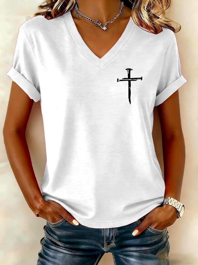 Women's Cross Print V-Neck T-Shirt