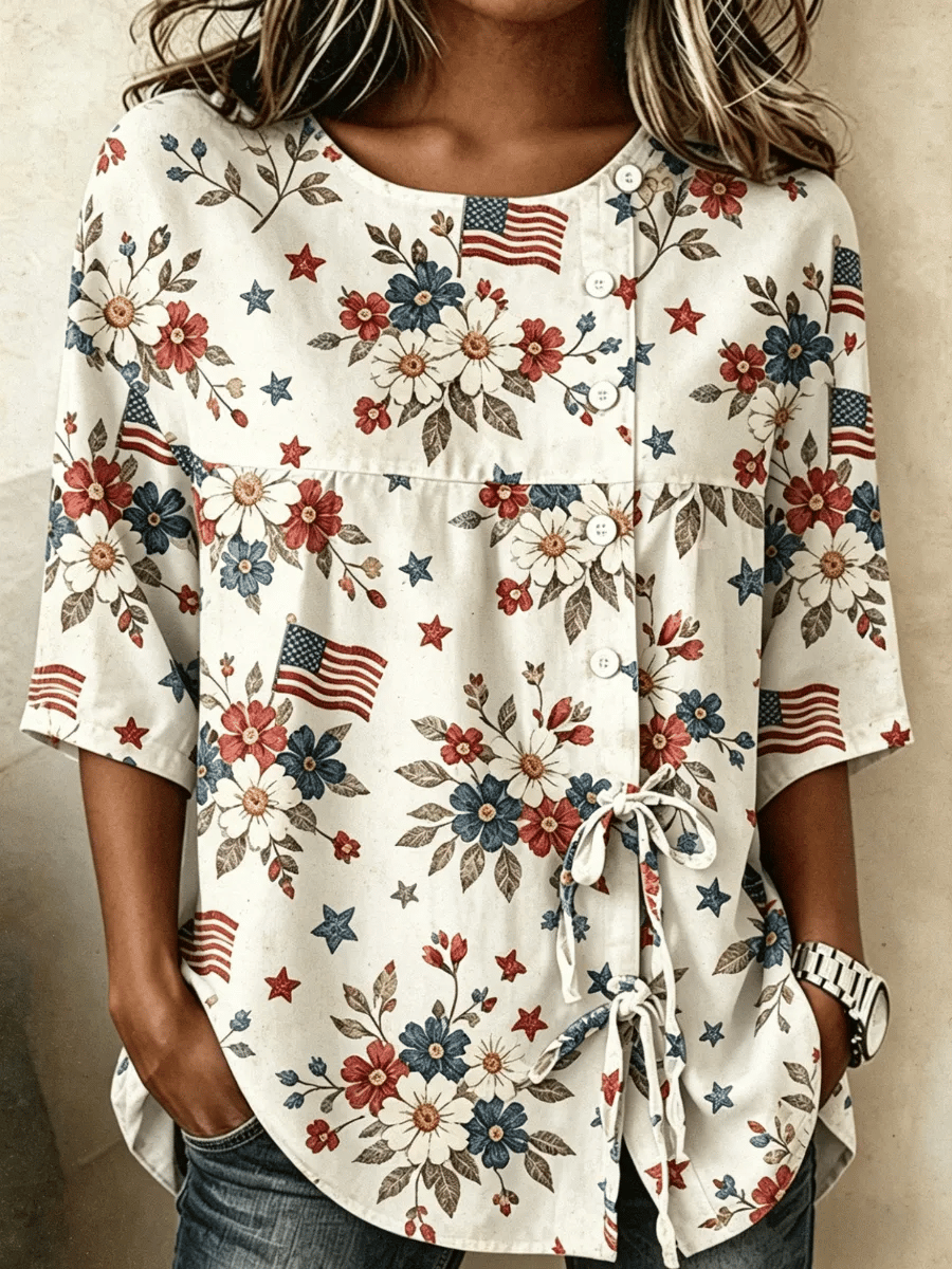 Women's Cotton-Linen Top With 250th Anniversary Botanical Floral Digital Print