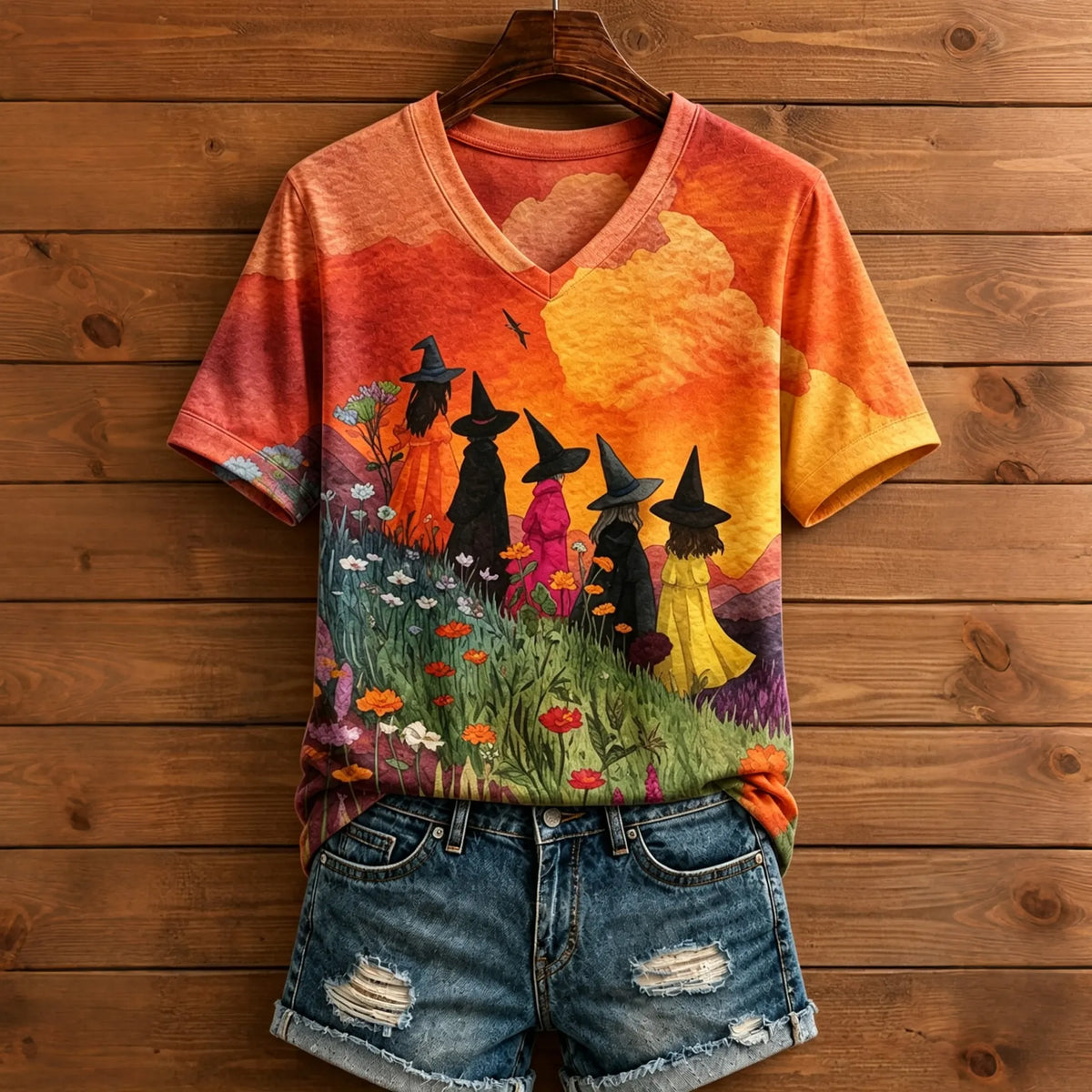 Women's Whimsical Friends Sunset Meadow Print Boho Short Sleeve V‐neck T-shirt