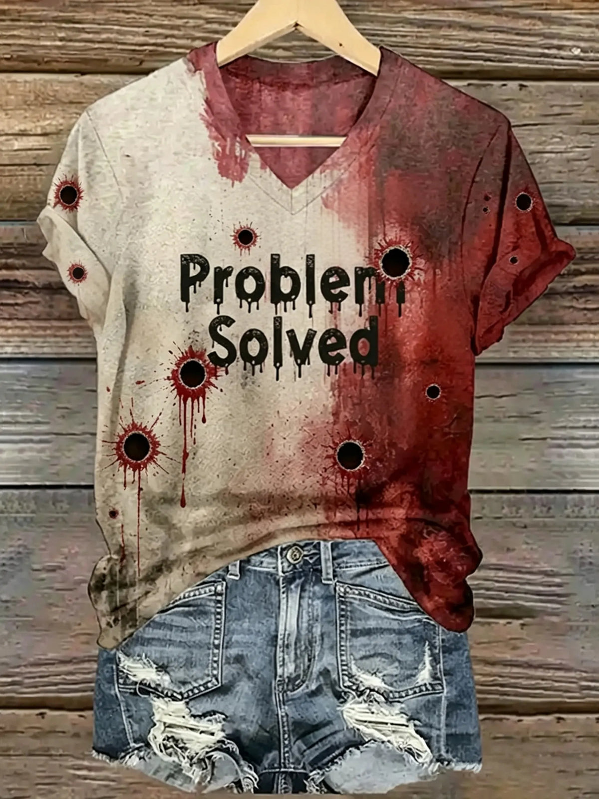 Women's Vintage Halloween Problem Solved Bullet Hole Blood Splatter Art Printed Short Sleeve T-shirt