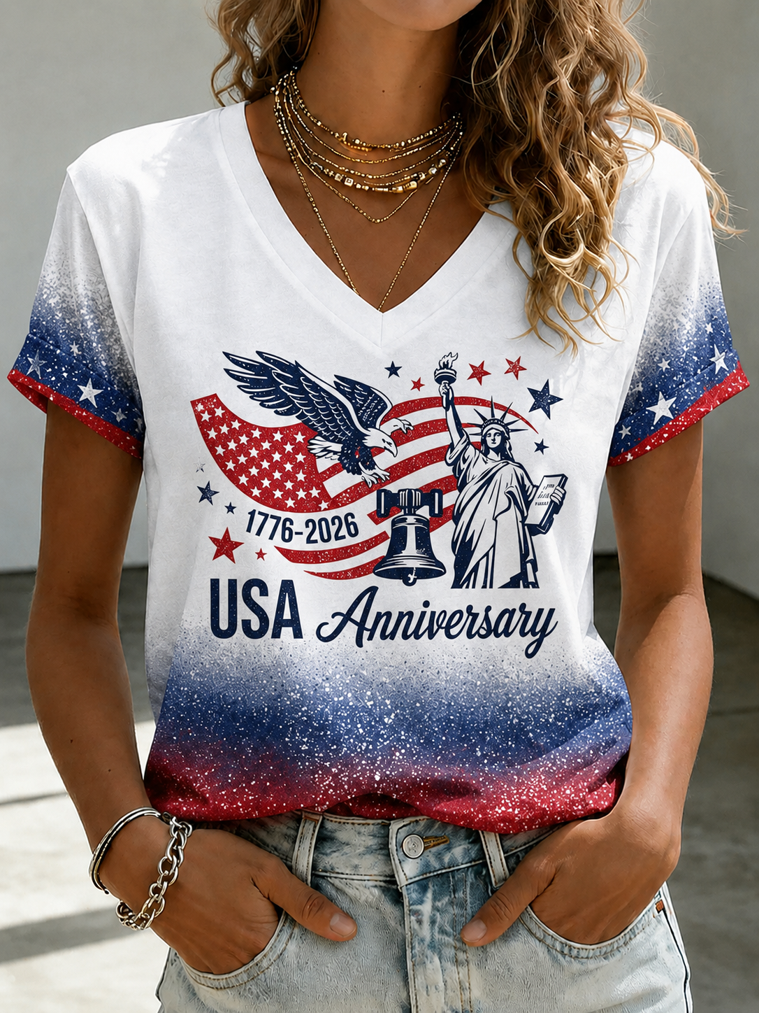 Women'S Retro Flag Art Printed Casual Short Sleeved T-Shirt