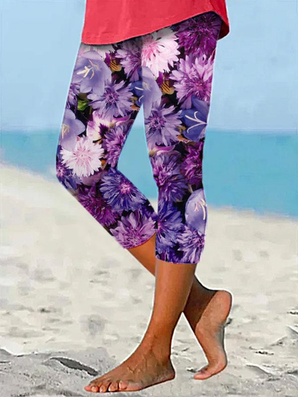 Women's Purple Flower Alzheimer's Awareness Support Cropped Leggings