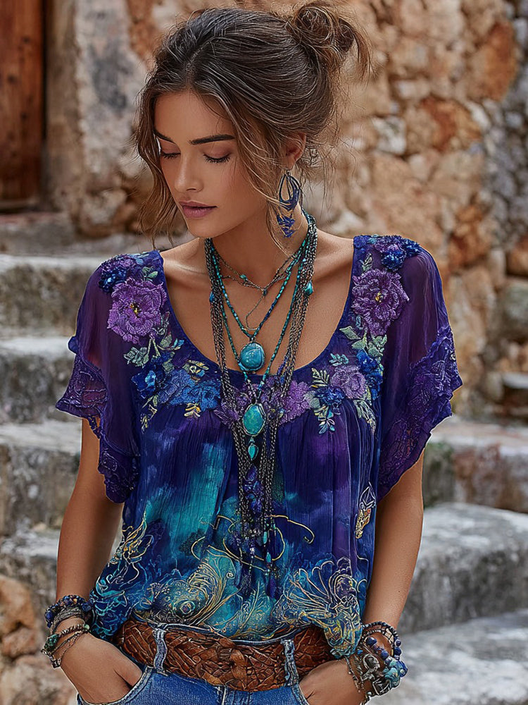Women's Retro Purple Floral Embroidery Pattern Casual  T-shirt