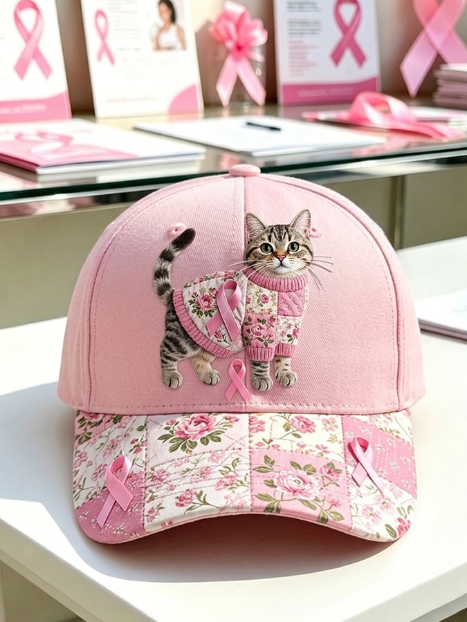 Unisex Breast Cancer Awareness Baseball Cap with Cat Print