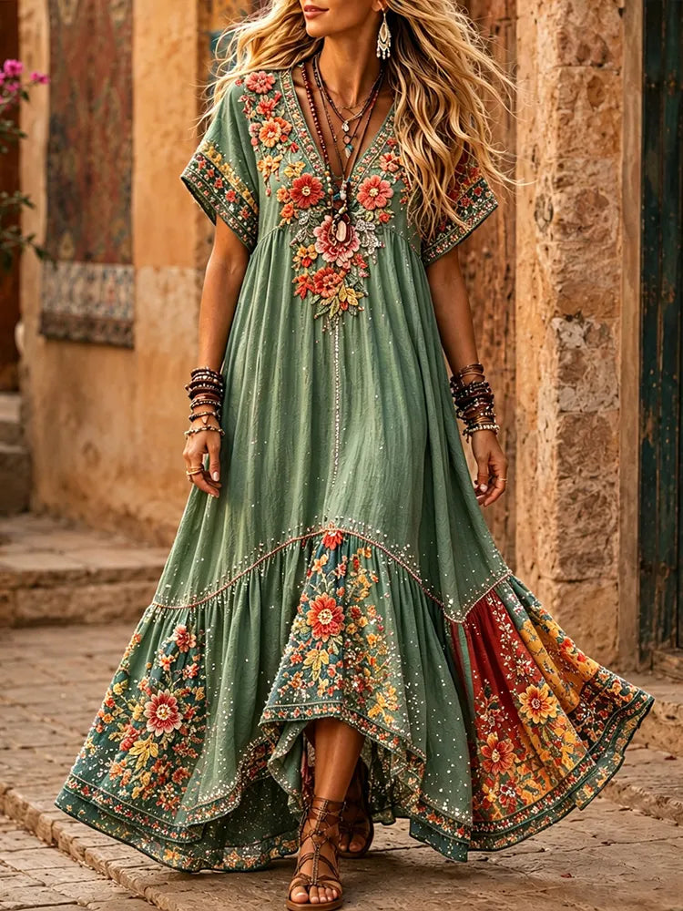 Women's Retro Hippie Floral Embroidery Art V Neck Short Sleeve Maxi Dress