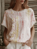 Women's Casual Retro Short-Sleeve Top with Floral Breast Cancer Awareness Print