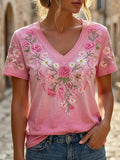 Women's Breast Cancer Awareness Floral Art V-Neck Short-Sleeve T-Shirt