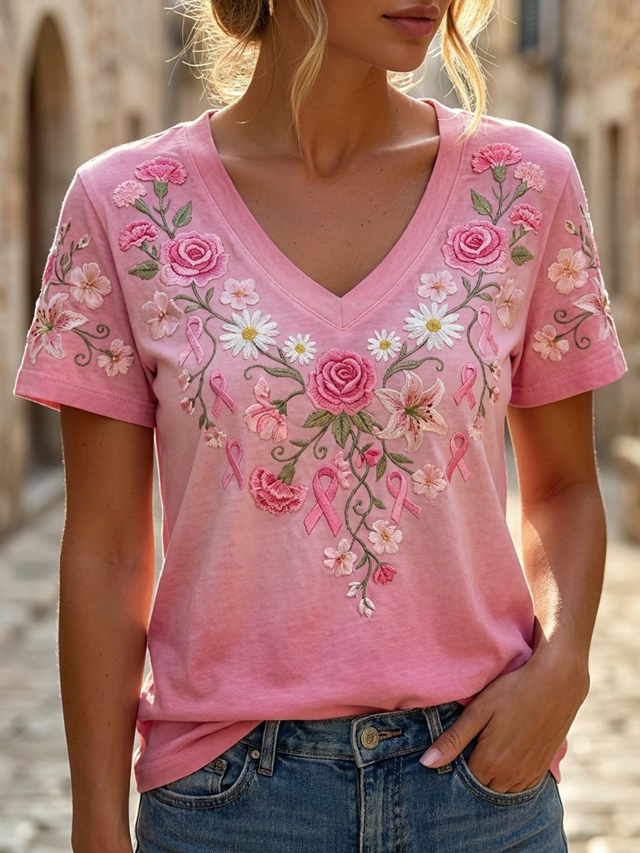 Women's Breast Cancer Awareness Floral Art V-Neck Short-Sleeve T-Shirt
