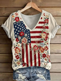 Independent striped star and flower printed V-neck casual T-shirt