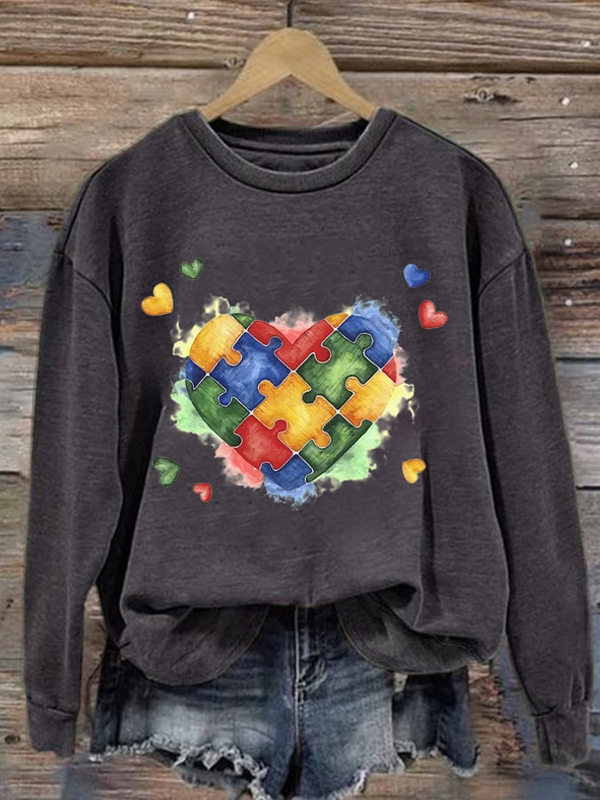 Retro Autism Awareness Love Heart Puzzle Print Sweatshirt