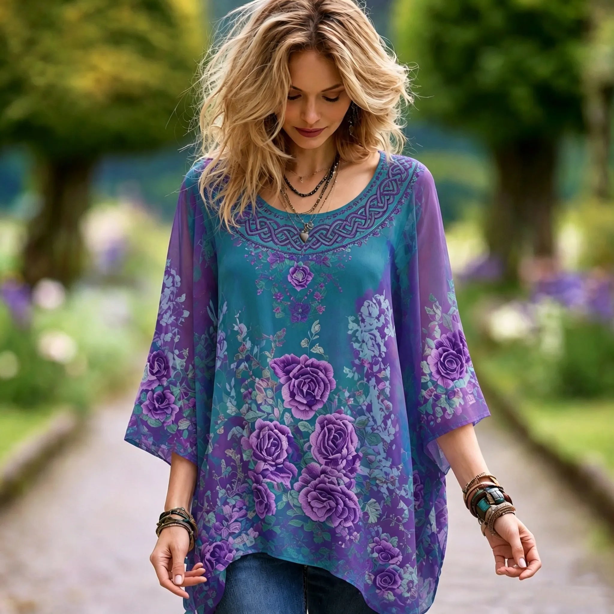 Women's Retro Purple Rose And Celtic Knot Pattern Casual Cotton Linen Crew Neck T-shirt