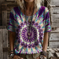 Women's Retro Tie Dye Geometric Art Print Crew Neck Short Sleeve Casual T-shirt