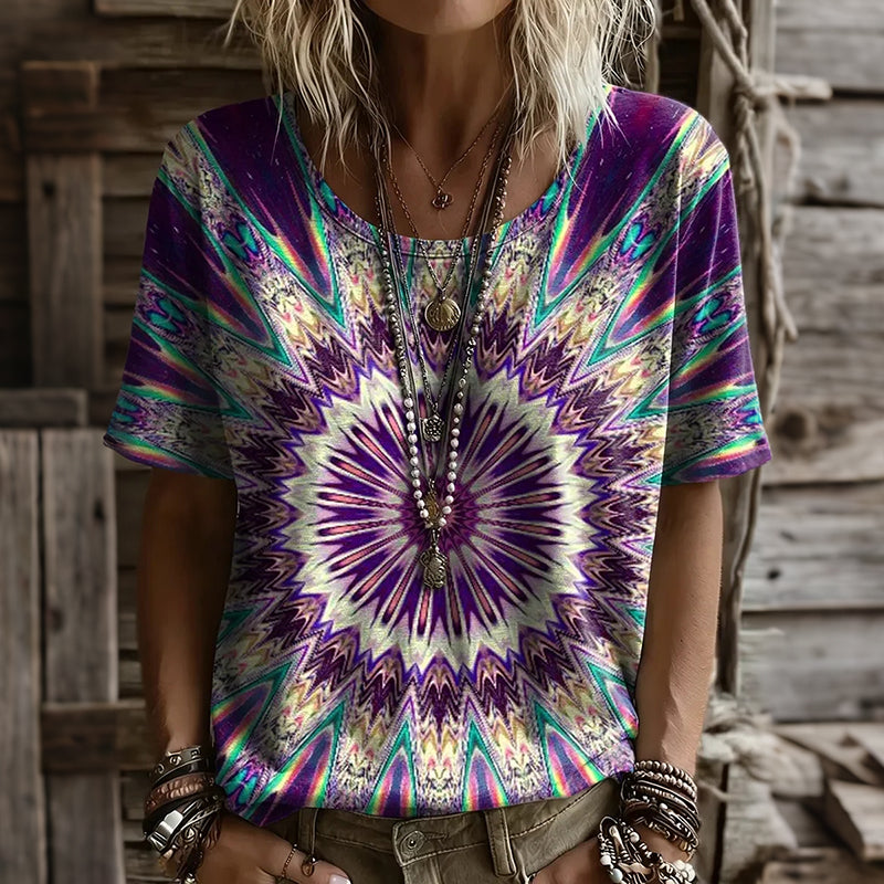 Women's Retro Tie Dye Geometric Art Print Crew Neck Short Sleeve Casual T-shirt