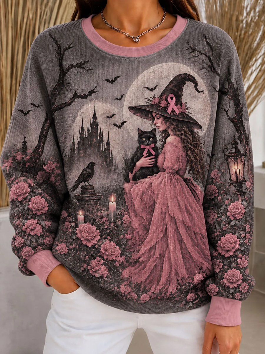 Women's Halloween Pink Ribbon Ribbed Round-Neck Sweatshirt