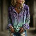 Women's Vintage Boho Floral Gradient Art Print Flowy Linen Blend Casual Hooded Tops