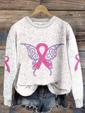 Women's Breast Cancer Ribbon Embroidered Casual Crew Neck Sweater