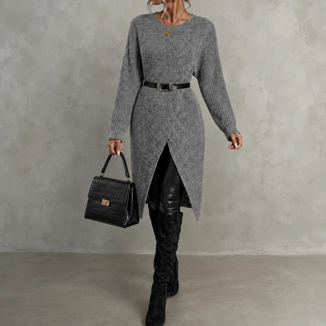 Elegant Crew Neck Long Knit Sweater