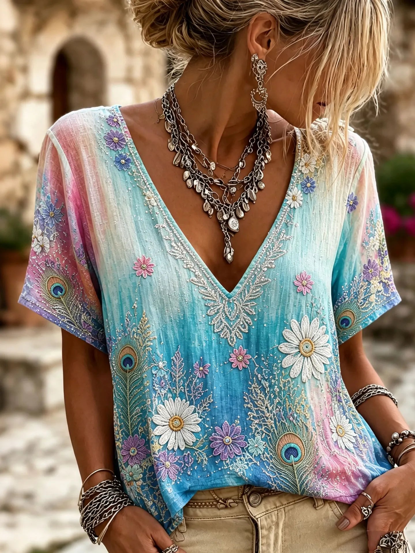 Women's Retro Floral Gradient Art Pattern Linen V Neck T-shirt