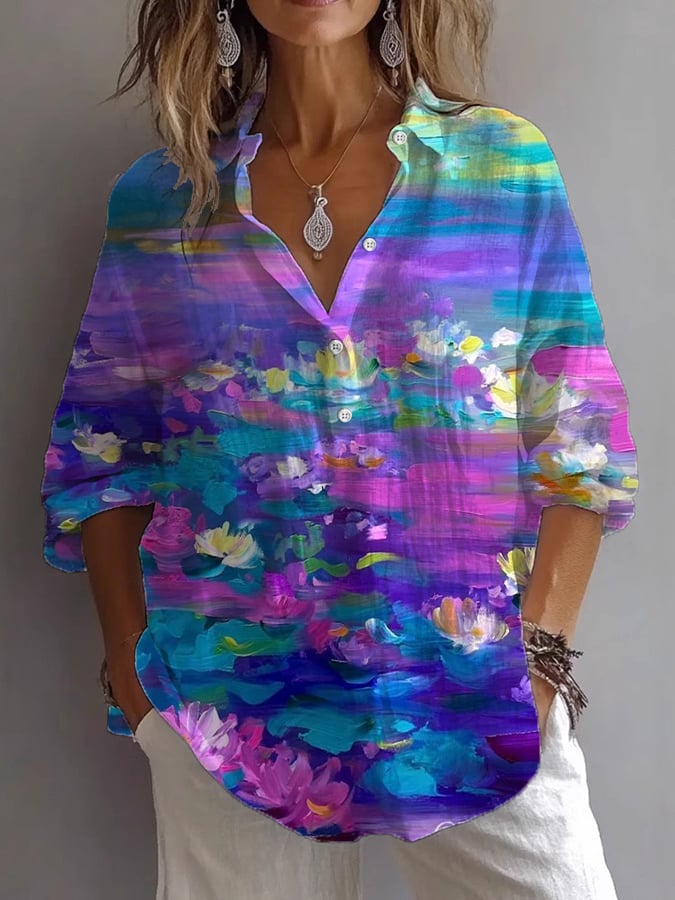 Women's Casual Retro Purple Floral Shirt