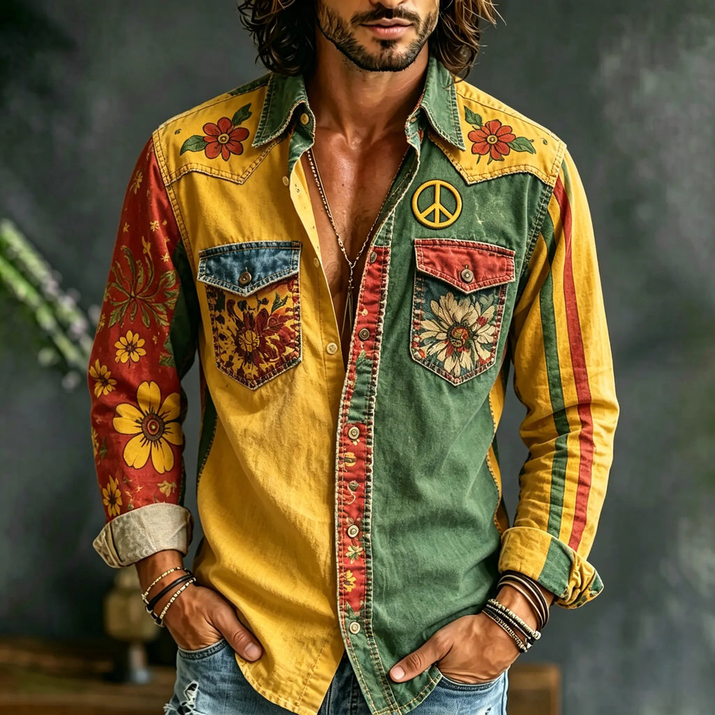 Men's Hippie Color-blocked Floral Long-sleeved Cotton And Linen Shirt