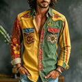Men's Hippie Color-blocked Floral Long-sleeved Cotton And Linen Shirt