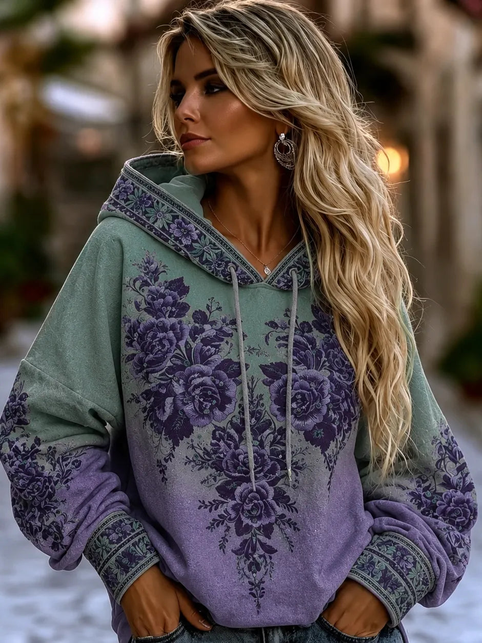 Women's Retro Purple Floral Art Embroidery Comfy Hooded Sweatshirt