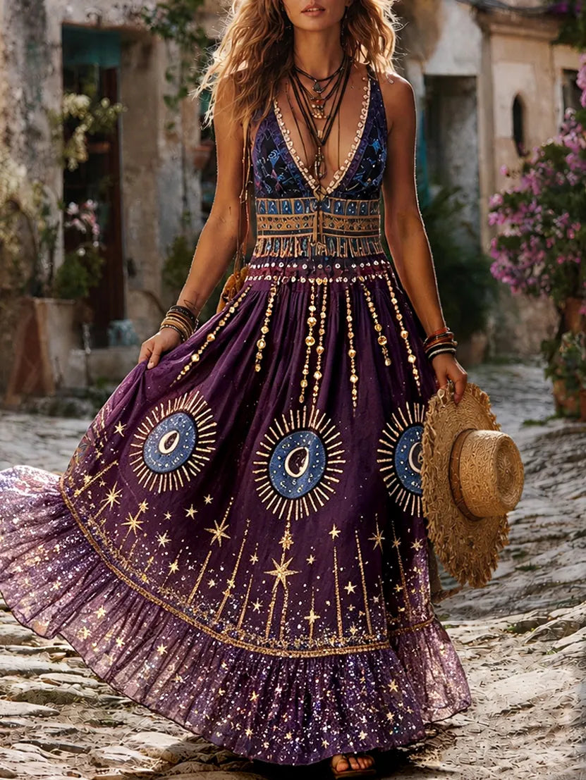Women's Hippie Myth Of Stars And Moon Retro Fiowy Slip Dress
