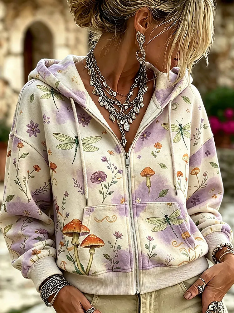 Women's Retro Washed Bohemian Style Dragonfly Mushroom Wildflower Print Zip-up Sweatshirt