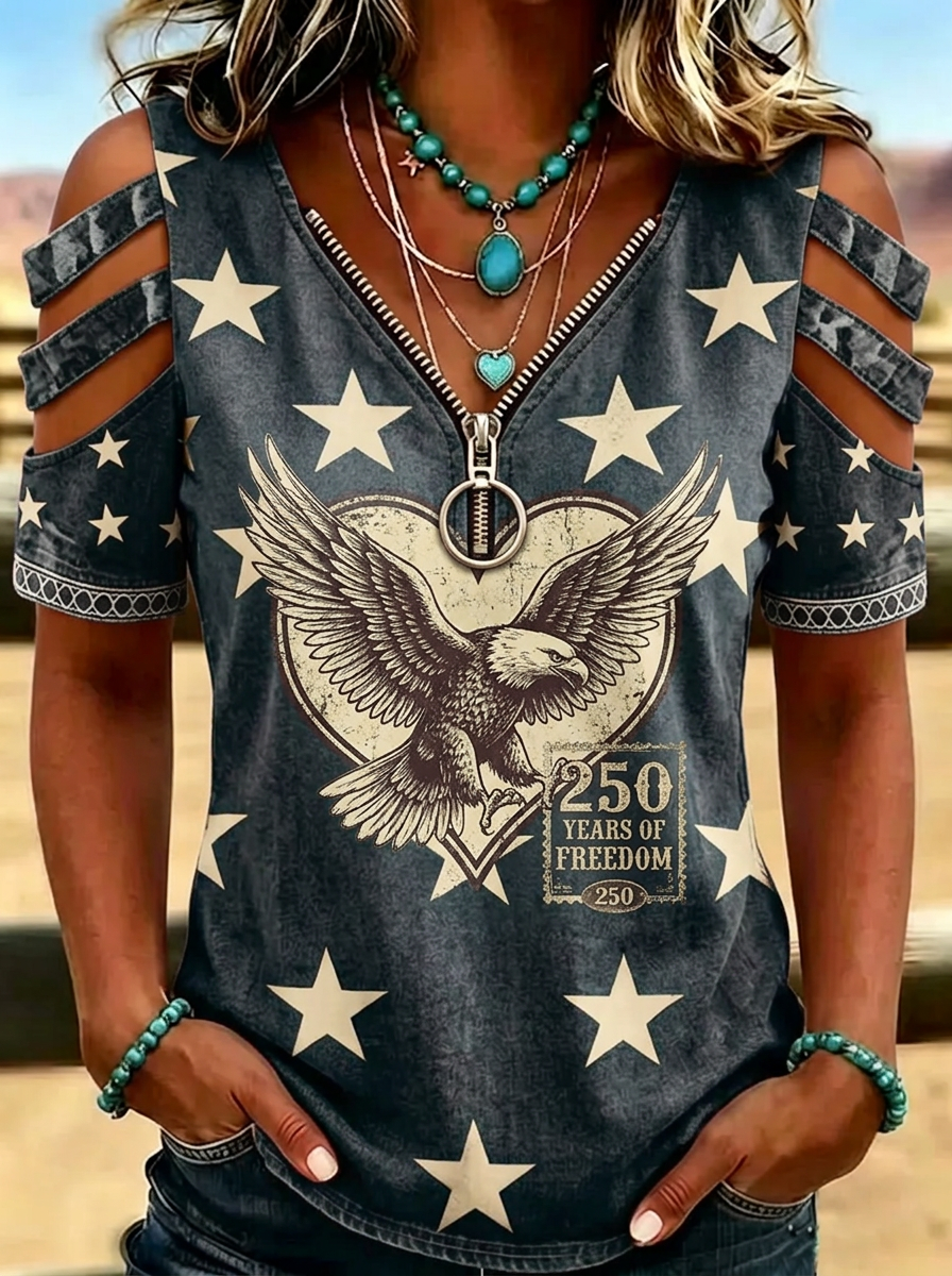 Women's Western Independence Day Eagle Stars Printed Cold Shoulder T-shirt-3