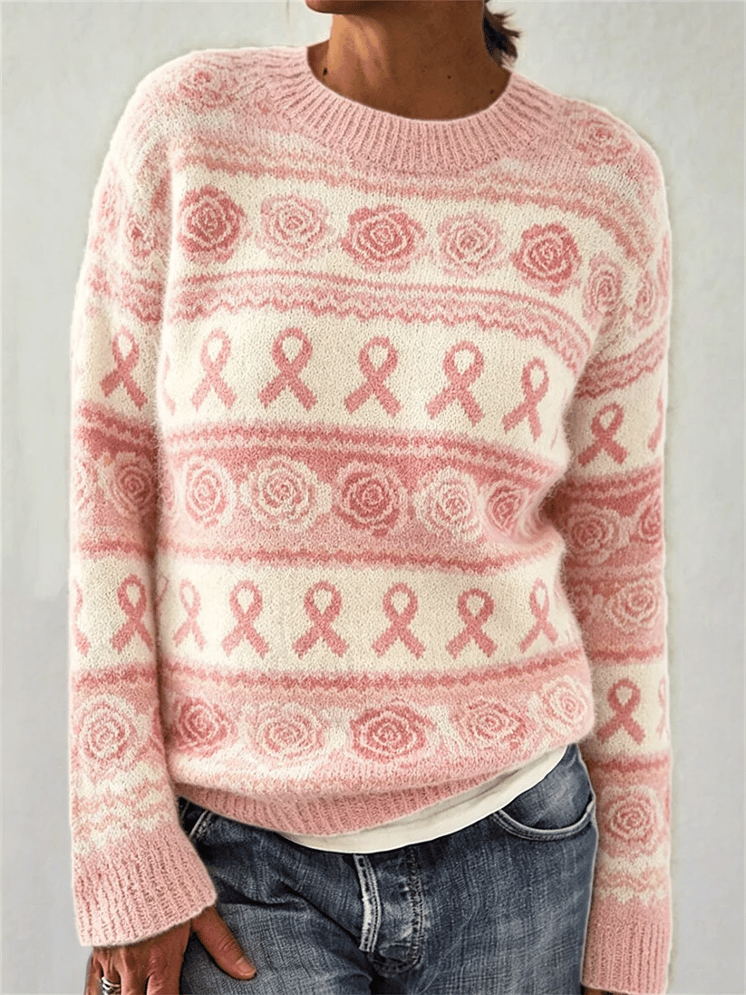 Women's Breast Cancer Awareness Month Pink October Floral Casual Long-Sleeved Knit Top