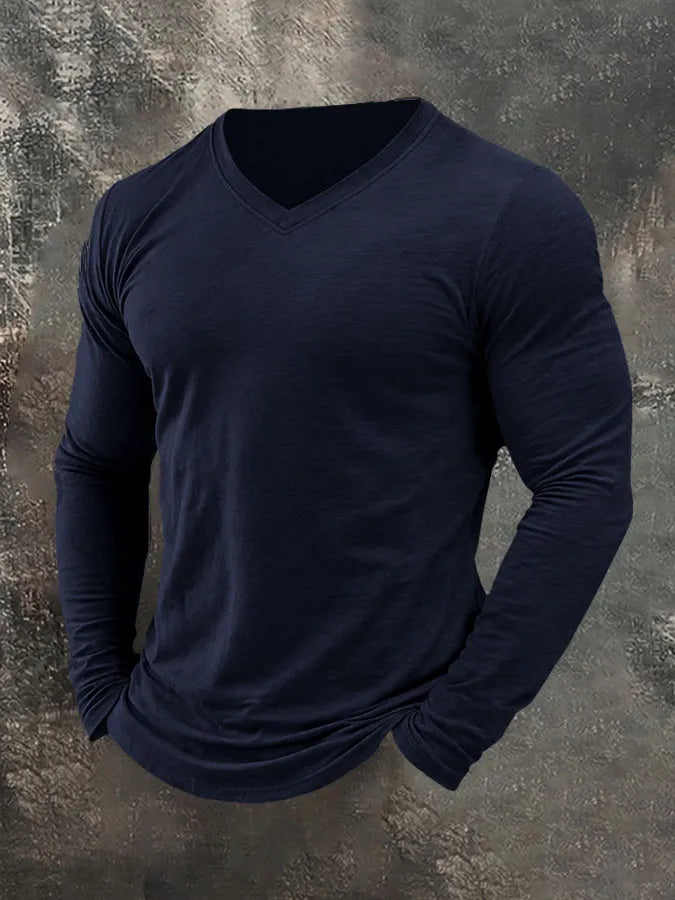 Men's Plain Casual V-Neck Long Sleeve T-Shirt