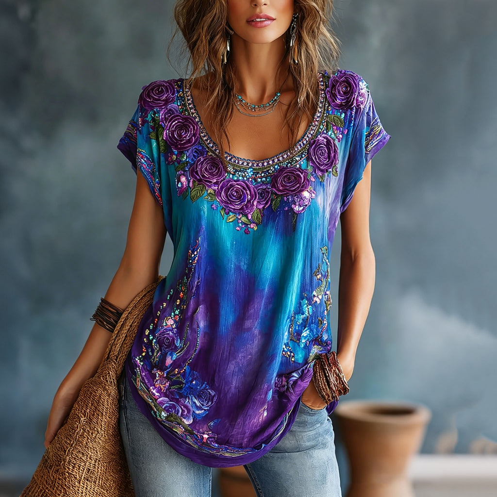 Women's Vintage Romantic Floral Art Linen Blend Short Sleeve Tops