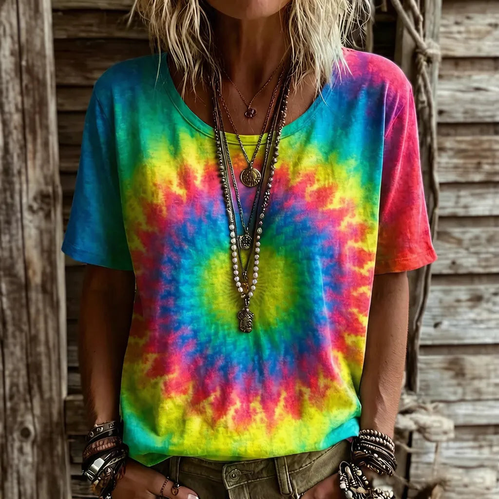 Women's Vintage Ethnic Pink Mandala Art Printed Casual Round Neck Short Sleeve T-shirt
