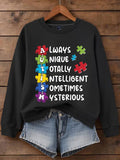Women's "Always Unique Totally Intelligent Sometimes Mysterious" Autism Awareness Printed Casual Crew Neck Sweatshirt