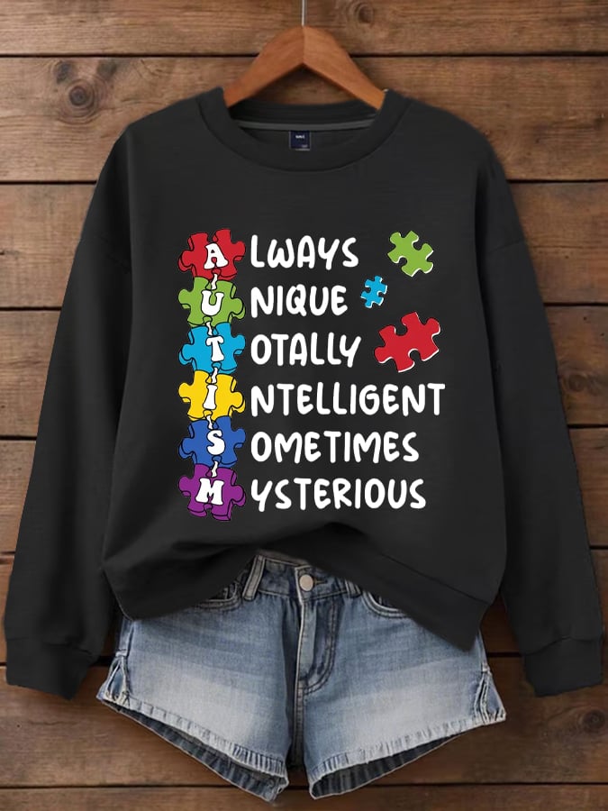 Women's "Always Unique Totally Intelligent Sometimes Mysterious" Autism Awareness Printed Casual Crew Neck Sweatshirt