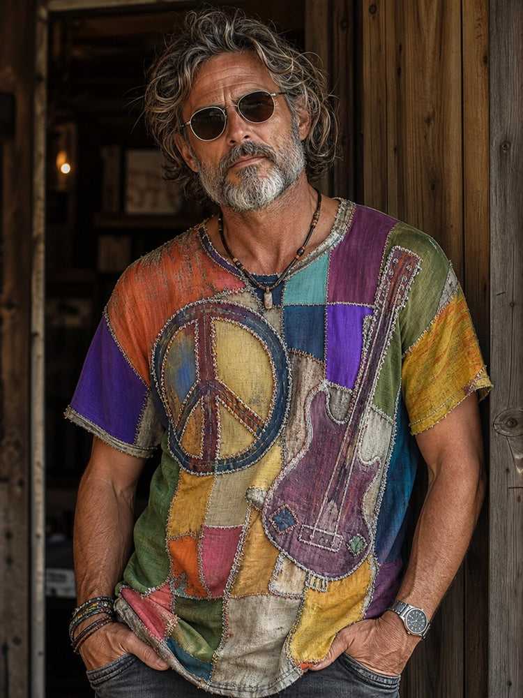 Men's Hippie Peace & Guitar Patchwork Retro Boho Print T-shirt