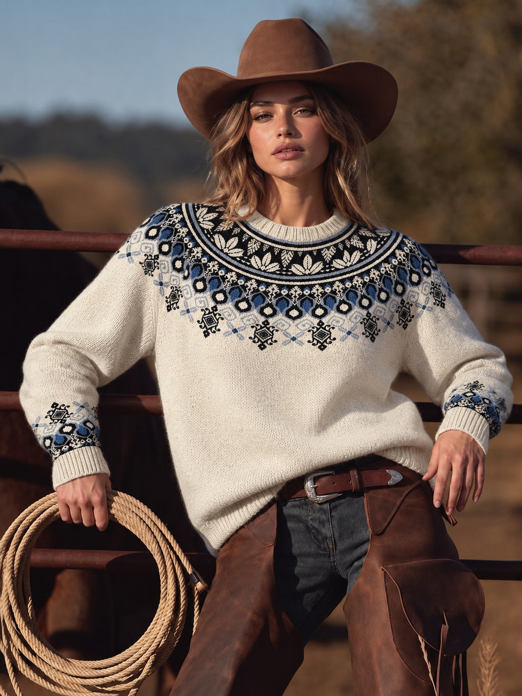 Women's Western Print Knitted Comfort Round Neck Sweater