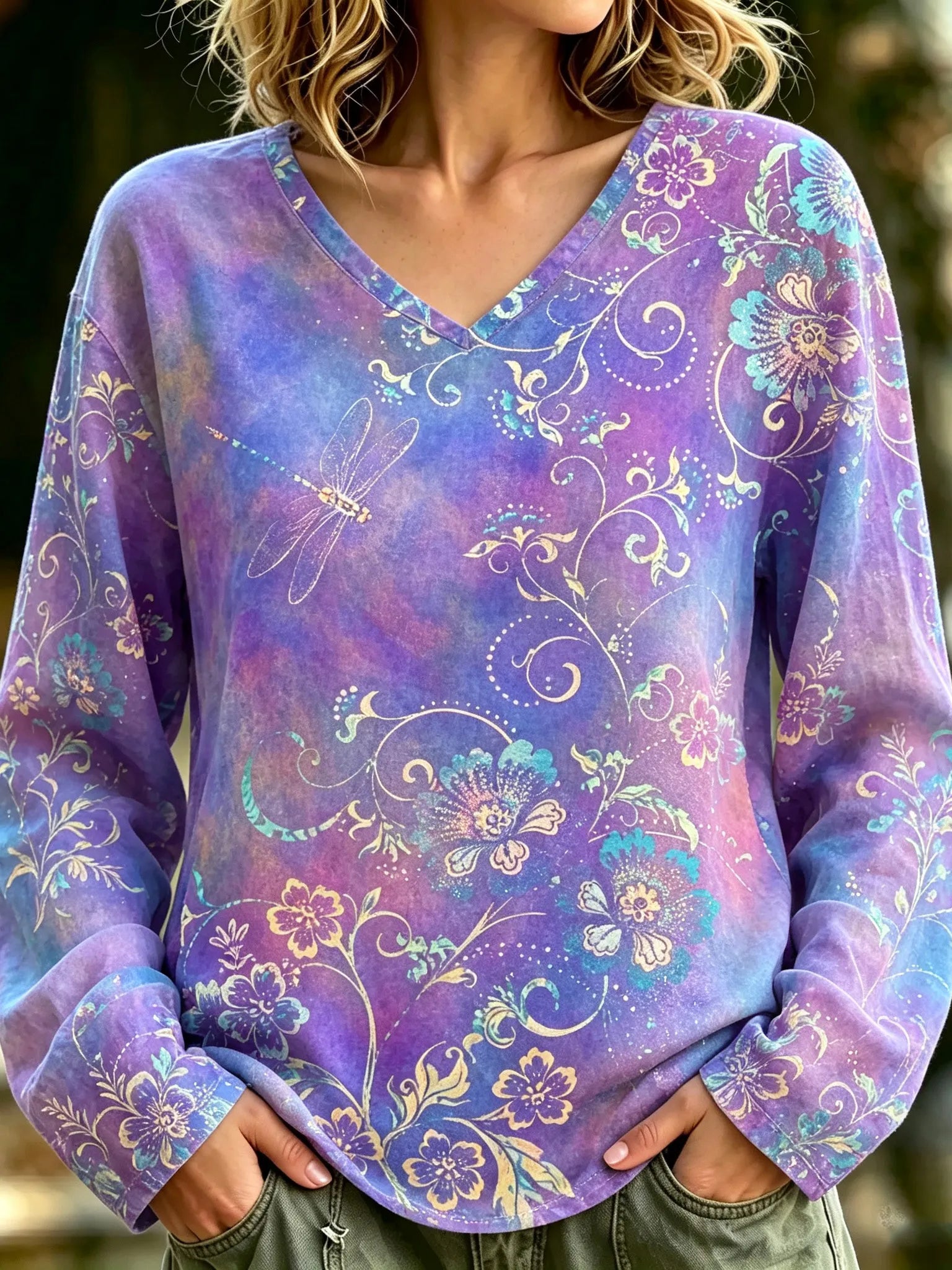 Women's Retro Gradient Floral Dragonfly Print Casual Cotton Linen Long-sleeve T-shirt