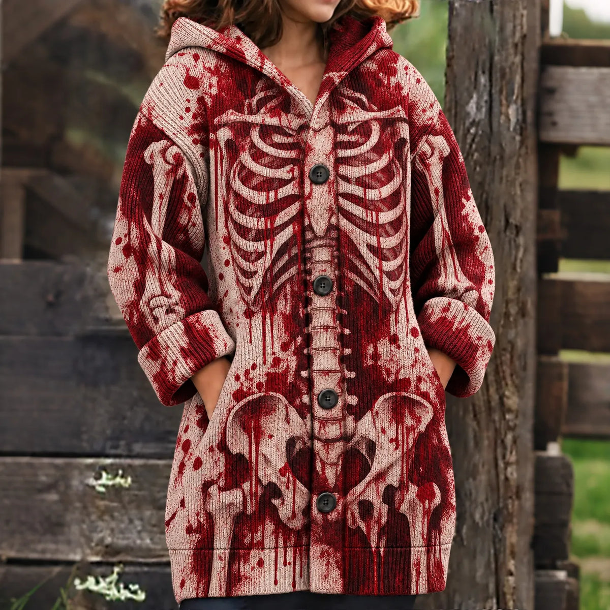 Women's Vintage Blood-stained Human Skeleton Knit Hooded Cardigan