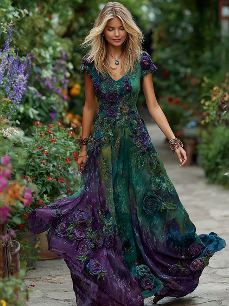 Women's Retro Purple Rose Gradient Pattern V Neck Maxi Dress
