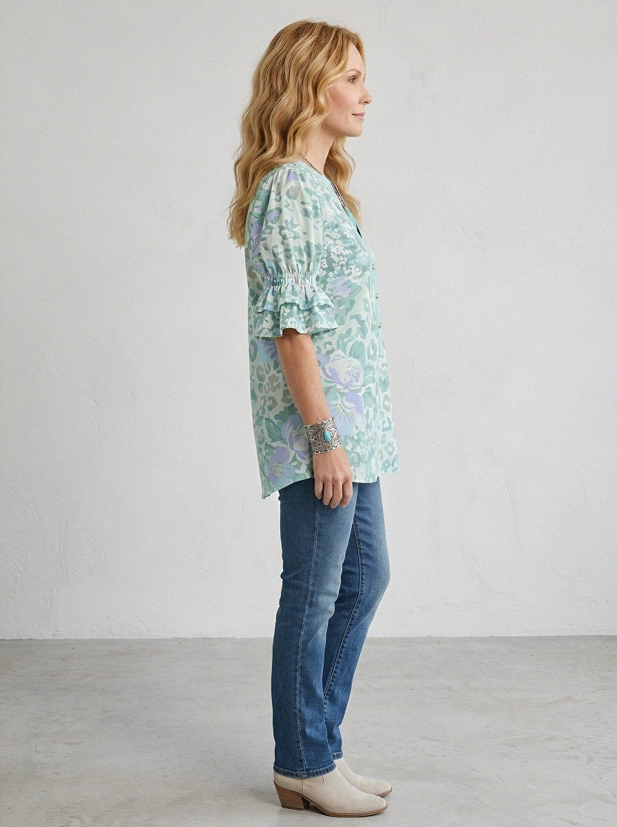 Women's Western Vintage Floral Leopard Printed Ruffle Sleeve Top