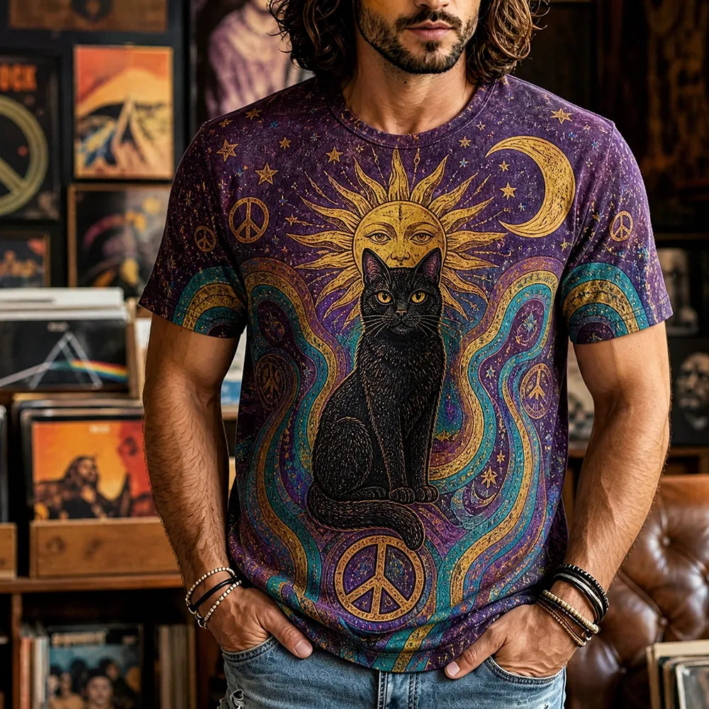 Men's Cosmic Purple Sun, Moon, And Black Cat Print Short Sleeve T-shirt