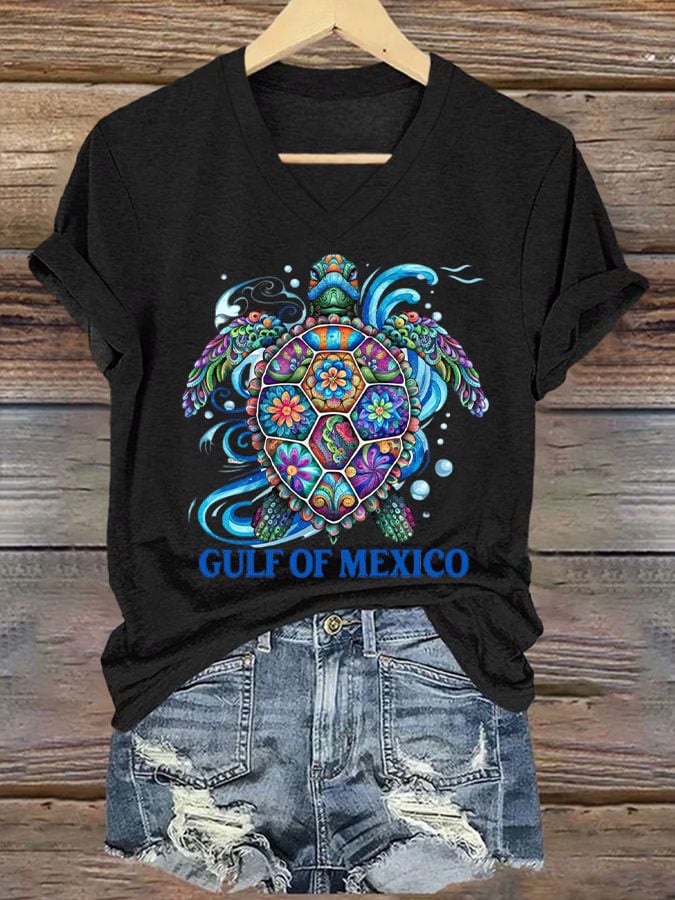 Women's Gulf Of Mexico Printed V Neck T-shirt