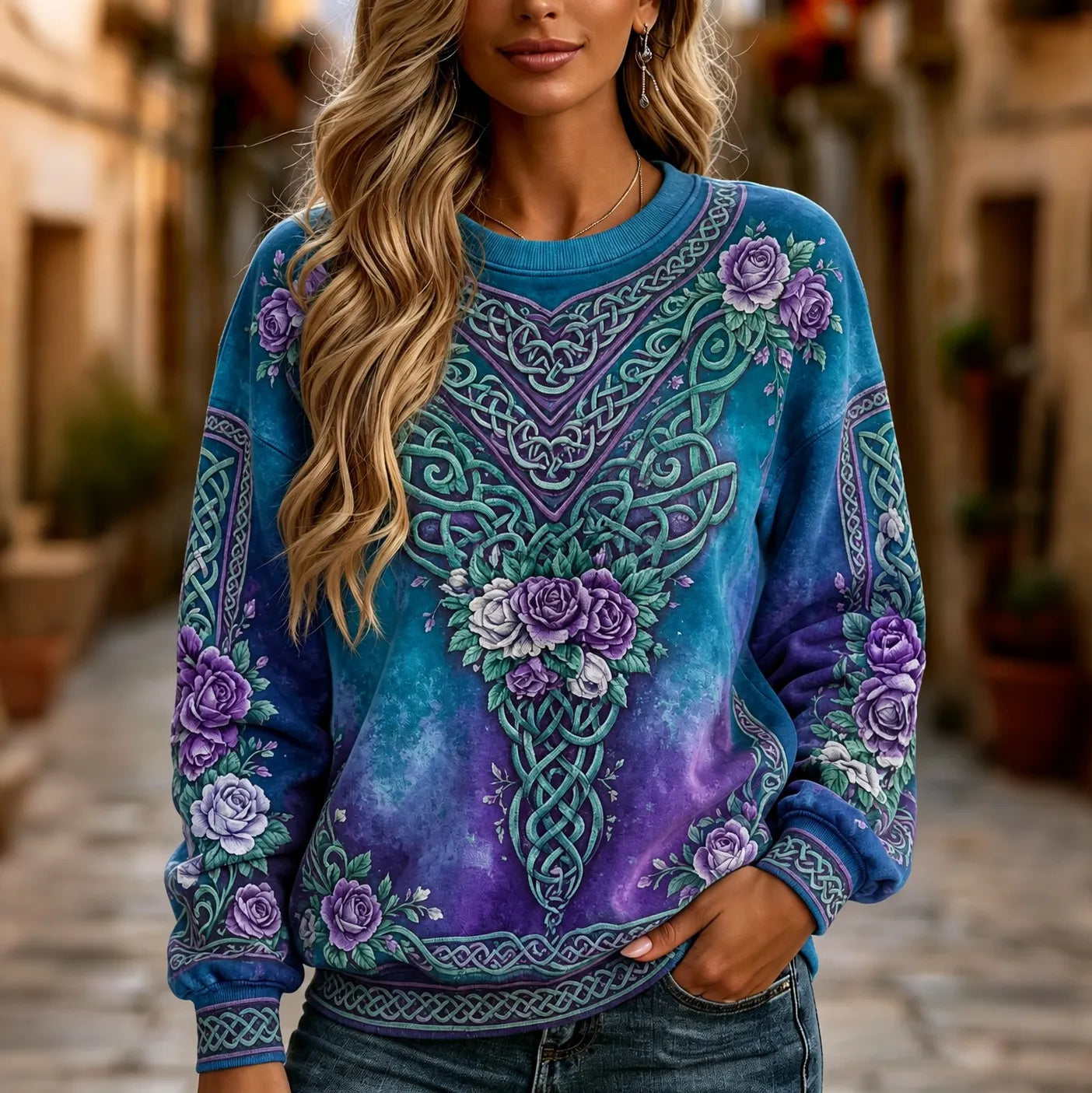 Women's Retro Celtic Knot And Purple Floral Pattern Casual Comfort Sweatshirt
