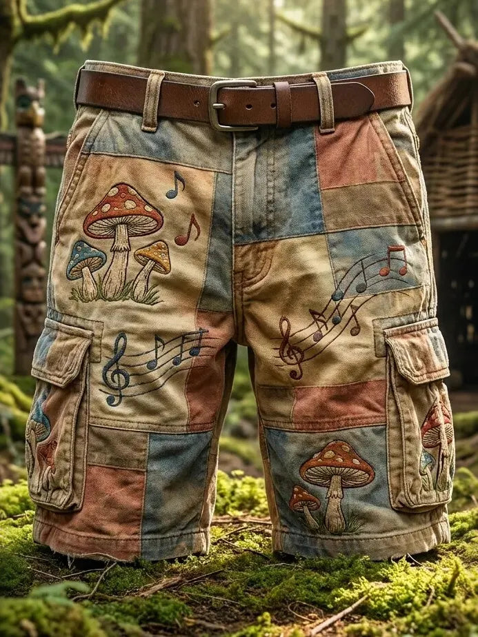 Men's Retro Mushroom And Musical Note Color-blocked Print Casual Shorts