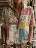 Women's Casual Retro Short-Sleeve Top with Floral Breast Cancer Awareness Print