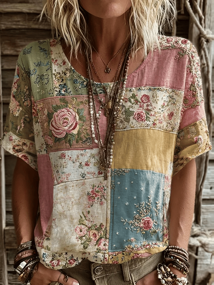 Women's Casual Retro Short-Sleeve Top with Floral Breast Cancer Awareness Print
